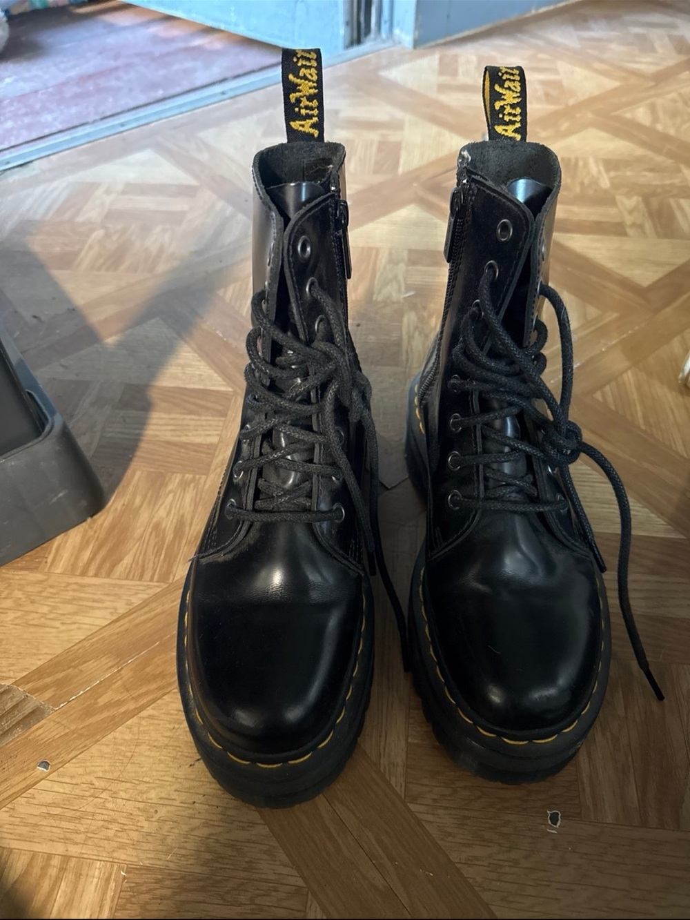 Dr. Martens Black Leather Lace-Up Combat Boots with Yellow Stitching